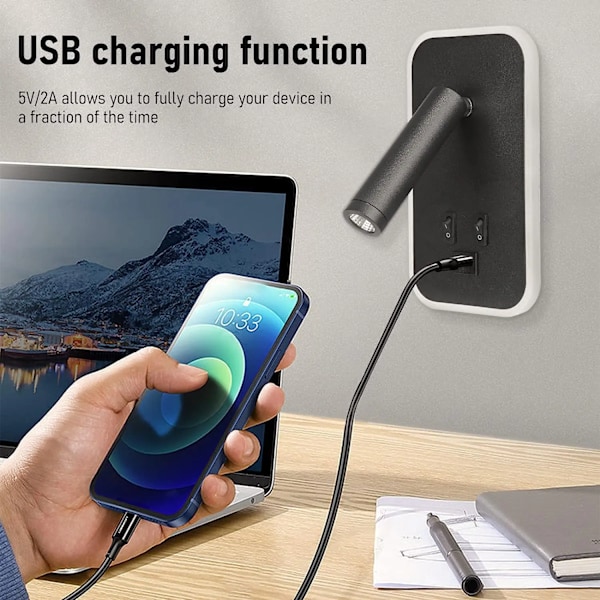 Sengen Vegg Lampe LED Vegg Lys, Vegg Montert Leselys med bryter og USB port