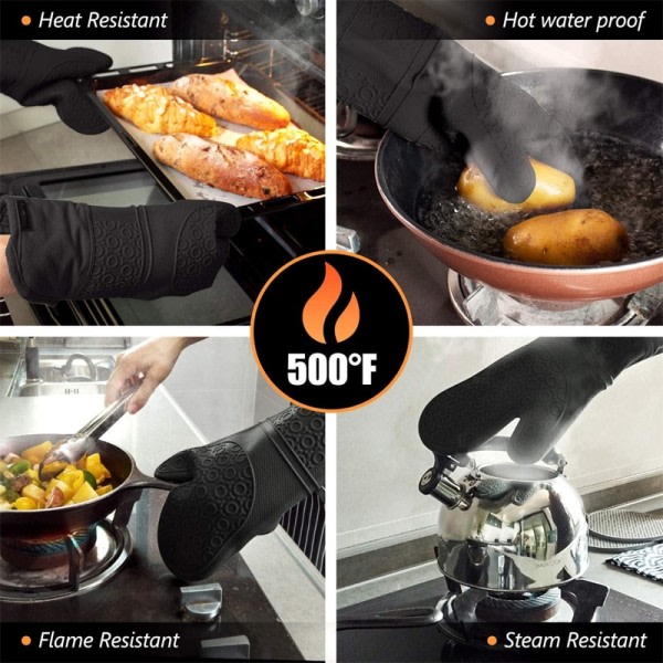 6 stycken Extra Lång Ugnsvantar och Grythållare Set Värmebeständig Silikon Matlagning handskar