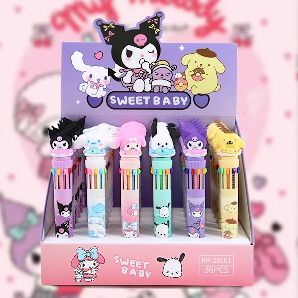 36 bitar Ballpoint Penna 10 Färg Tecknad Kuromi Hello Kitty Cinnamoroll 0,7 Skola Student Mapex Rita Wrirte Mark Penna