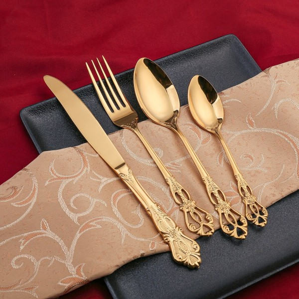 24st Bestick Set Guld Servis Rostfritt Stål Kungligt Sked Gafflar Kniv Kök Western Dinner Silver Servis