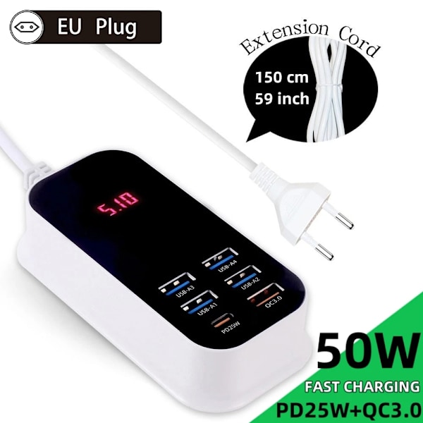 50W flera portar USB laddare PD25W Typ C QC3.0 snabb laddning skrivbord vägg ström adapter telefon UK EU US Korea plugg snabb laddning