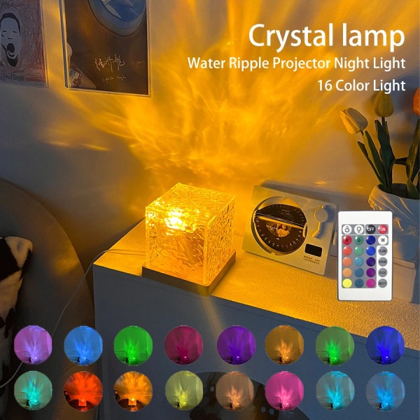 Dynamisk Roterende Vann Rippel Projektor Natt Lys 16 Farger Flame Krystall Lampe