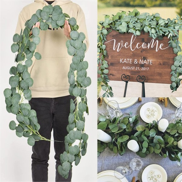 Eucalyptus Garland Kunstig Faux Garland Vegg Dekor Sølv Dollar Eucalyptus Grønt Løv Vines Plante