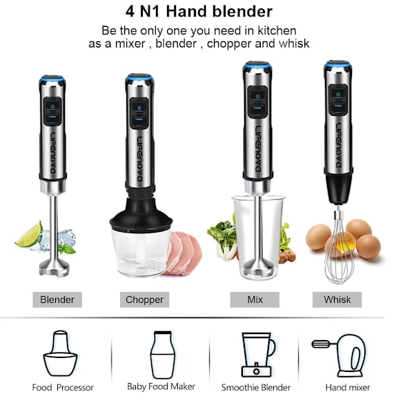 1500W 4 i 1 Elektrisk Stick Hand Kommersiell Blender Mat Processor Ägg Visp Blandare Juicer Kött Kvarn