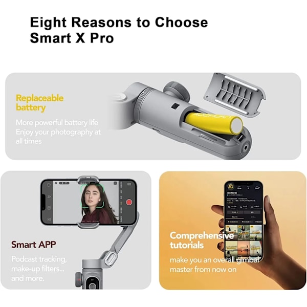 Handhållen Gimbal Stabilisator 3-Axis Smart X Pro Professional för Smartphone Trådlös Laddning OLED Display LED Ljus Fokus Hjul
