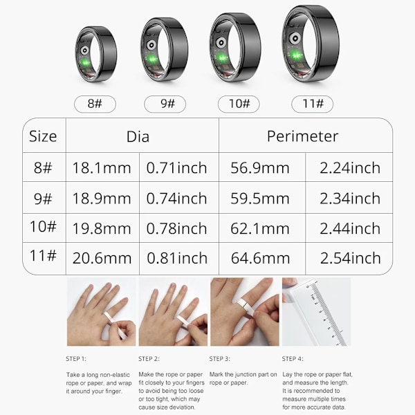 Smart Ring Militär Grade Titanium Stål Shell Hälsa Monitorering IP68 & 3ATM Vattentät Multisport Modes storlek 8