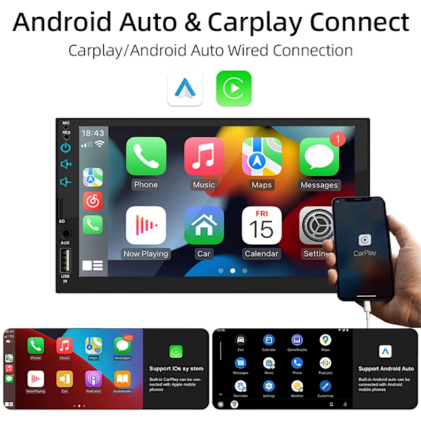 Carplay Android Auto 1 Din 7 Inch Bil Radio Multimedia Player HD Touch Skärm