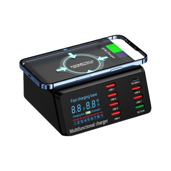 100W 8 Porte USB Oplader Station Med Trådløs Opladning Digital Display