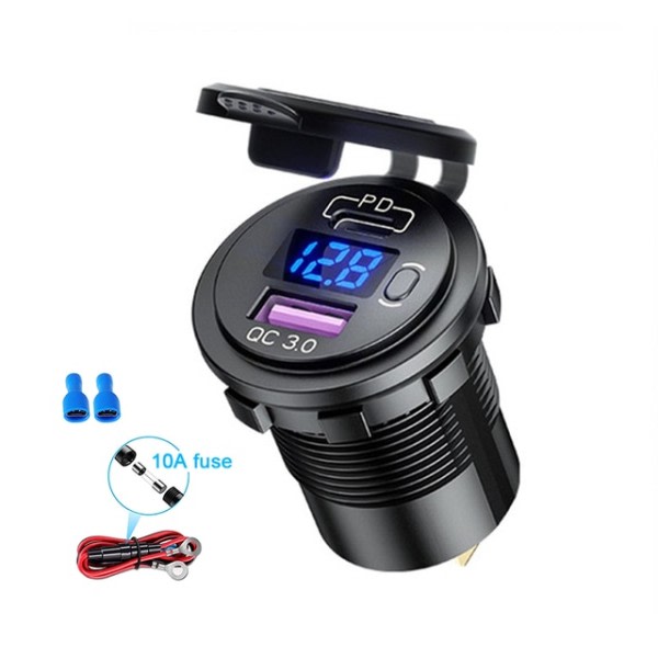 48W USB Type C Bil Usb lader Socket,12V/24V Dobbel USB Uttak PD3.0&QC3.0 Bil Socket med LED Voltmeter