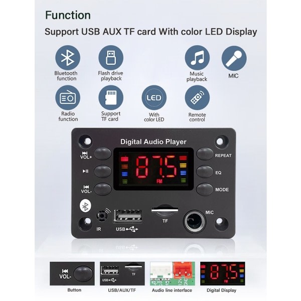 Bluetooth Dekoder Bord Handsfree Bil Ljud Mikrofon USB TF FM Radio Mp3 Musik Spelare Högtalare