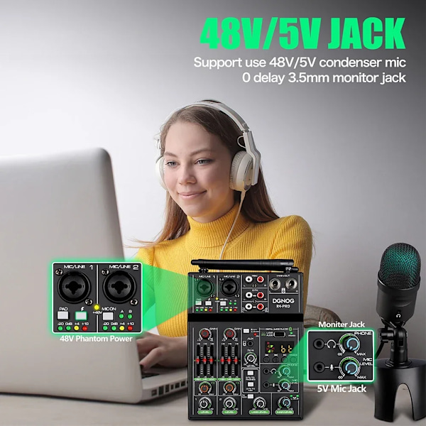4 Kanals Lyd Mixer med Trådløs Mikrofon USB Lyd Bord Bluetooth Konsol DJ Mixing
