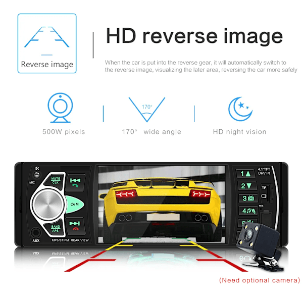 4,1 tommer Bil Radio 1Din Audio Stereo FM Bluetooth Rat Hjul