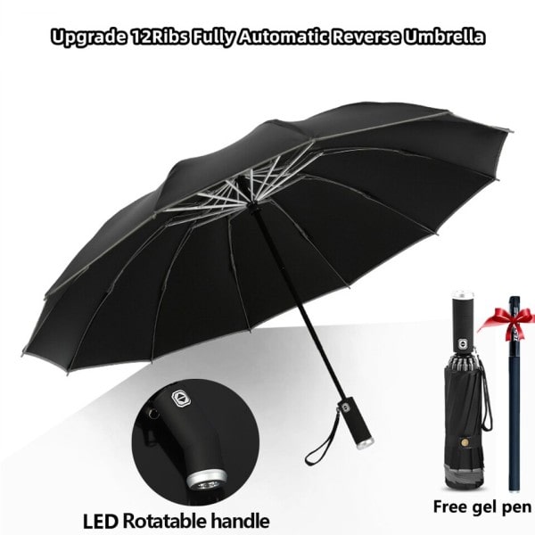 Helt automatisk omvänd vikbar paraply med LED ficklampa vindtät UV paraplyer