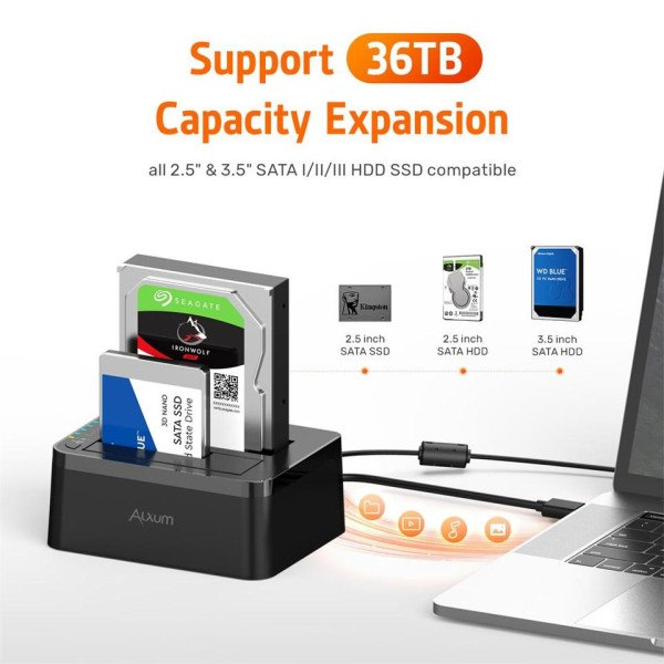 Kaksipaikkainen kiintolevy telakka 2,5% 2F3,5 tuumainen HDD SSD SATA USB C 3.0 HDD telakka asema