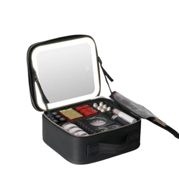 Dam LED Lätt Kosmetisk väska  Spegel Kosmetik väska Lyx PU Stor kapacitet Bärbar Rese Smink väskor