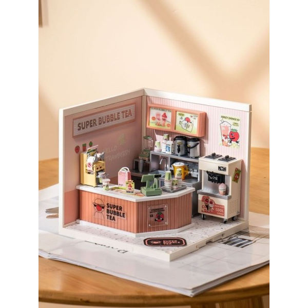 Gjør-det-selv miniatyr hus sett plast hus bygg sett mini dukke hus dobbel glede boble te med LED lys