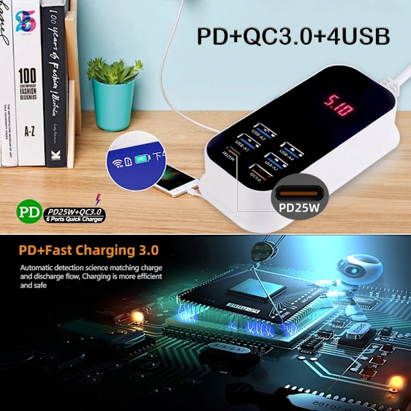 50W flera portar USB laddare PD25W Typ C QC3.0 snabb laddning skrivbord vägg ström adapter telefon UK EU US Korea plugg snabb laddning