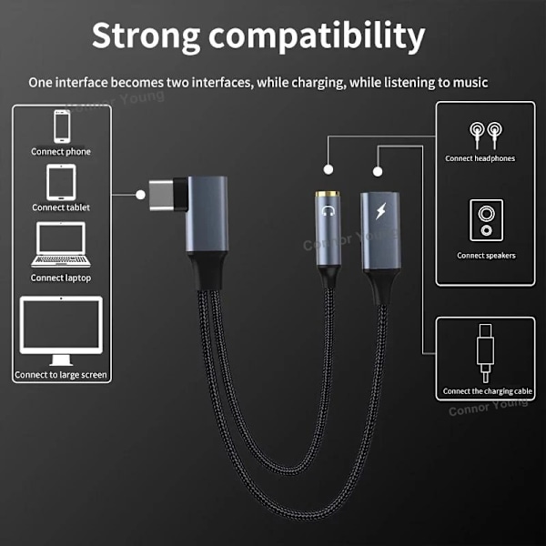 2 in 1 OTG Armbåge Typ USB C till 3,5 mm jack AUX Audio Hörlurar