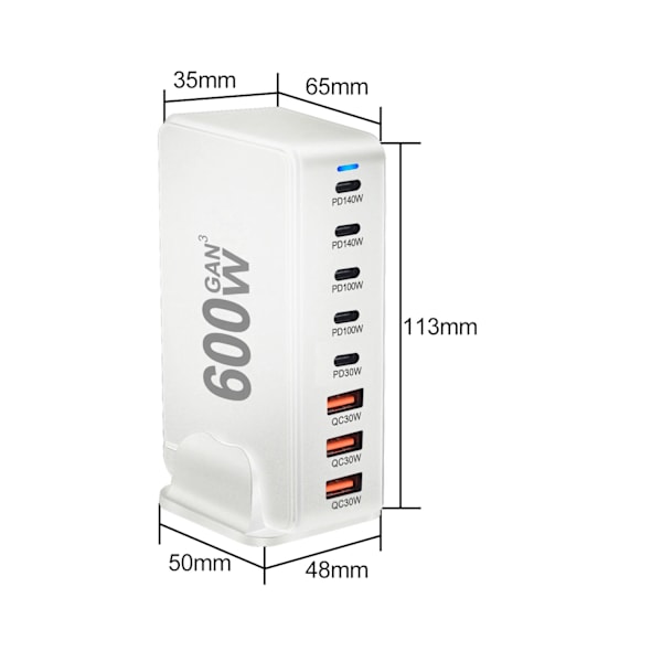 600W Gan Snabb Ladda 3.0 USB Typ C Laddare 8-portar