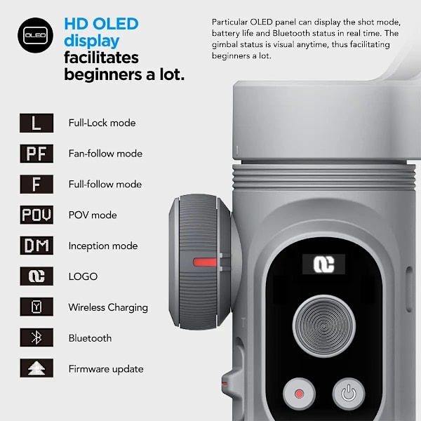 Handhållen Gimbal Stabilisator 3-Axis Smart X Pro Professional för Smartphone Trådlös Laddning OLED Display LED Ljus Fokus Hjul