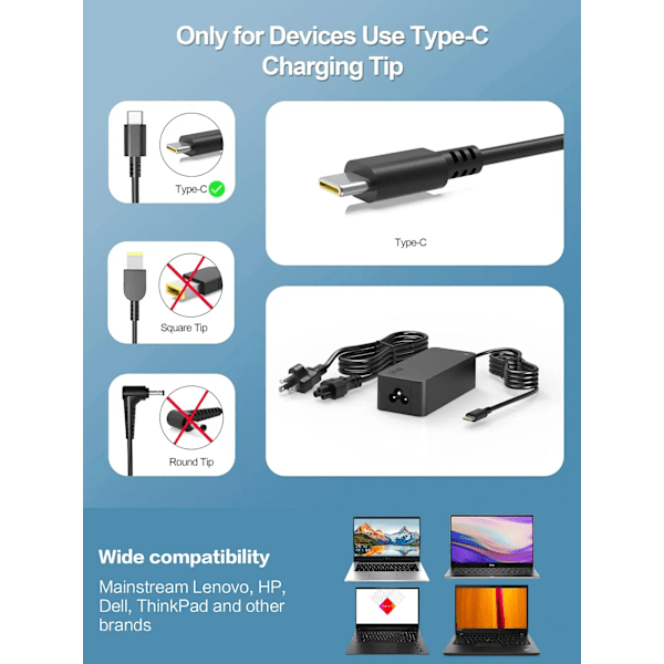 Reletech 65W USB C kannettava laturi virta sovitin           ThinkPadille Type C Fast Power Adapter