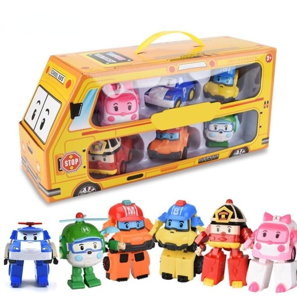 Sæt 6 stk Poli Bil Børn Robot Legetøj Transform Køretøj Tegnefilm Anime Action Figur legetøj