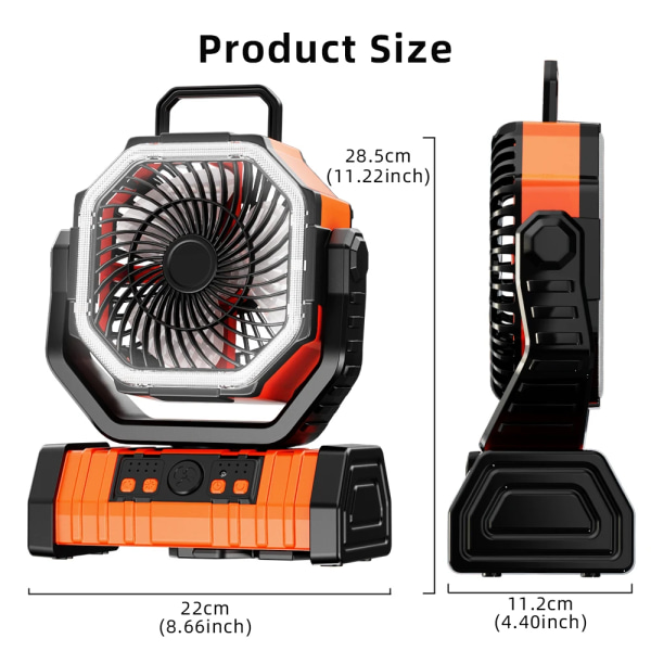 Hög kvalitet 20000mAh Batteri Drift Fläkt Bärbar Laddbar Skrivbord/Camping Fläkt med LED Ljus och krok