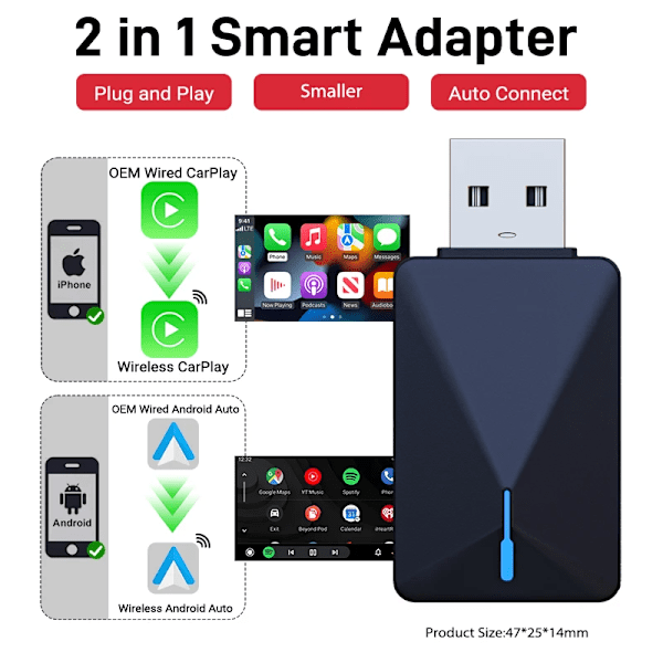 Kablet til Wireless CarPlay 2 in1 Mini Adapter Android Auto Smart Box Plug and Play
