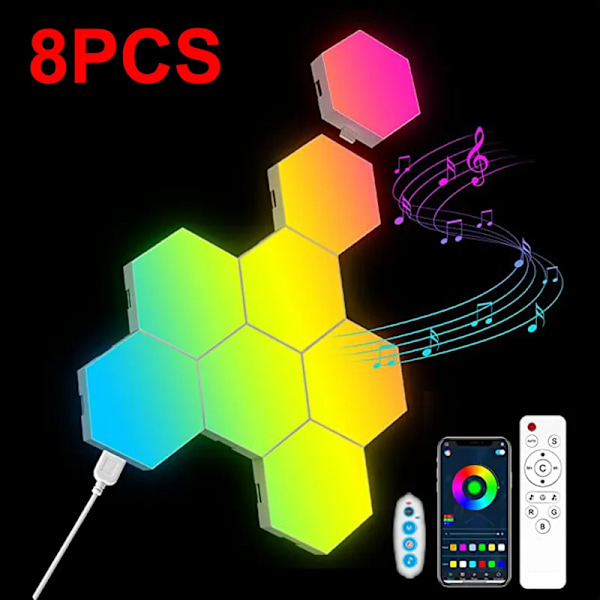 8 stykker RGB LED Hexagon Lys Bluetooth Indendørs Væg Lys APP Fjernbetjening Kontrol Nat Lys