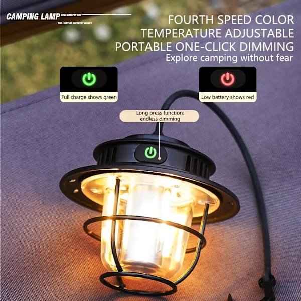 Professionell Bärbar Camping Lantern Vattentät Nödläge Ljus Steglös Dimbar Hängande Tält Lampa