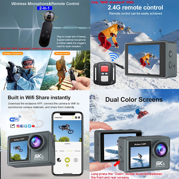 5K 4K60FPS Action Kamera Dual IPS Touch LCD DVR EIS 170° 30M Vandproof 5X Zoom Sport Camera