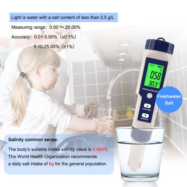 5 in 1 TDS/EC/PH/Salinity/Temperature Meter Digital Water Quality Monitor Tester for Pools, Dricking Water, Akvarier