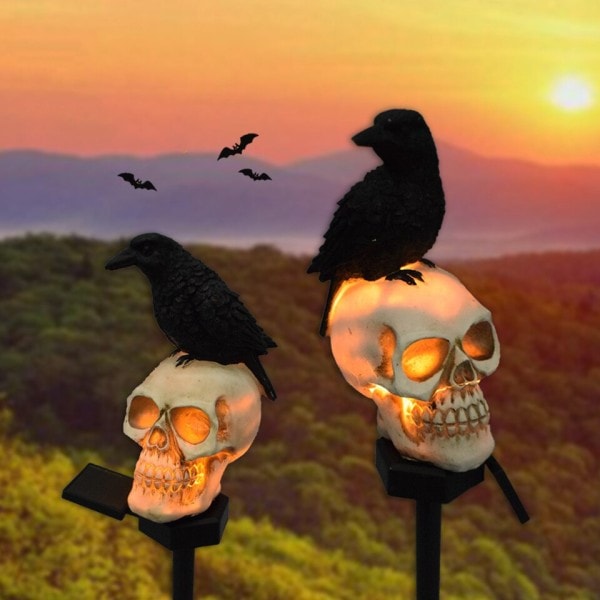 Halloween Udendørs Lys Vandtæt Solar Kranium Have Stak Lys Ravn Skelet Hoved Dekoration