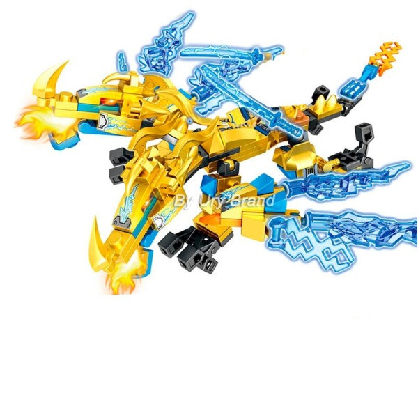 4i1 Ninja Golden Warrior Robot Mech 2 Heads Flying Dragons Set Fighter Figurs Byggnadsblock Leksaker
