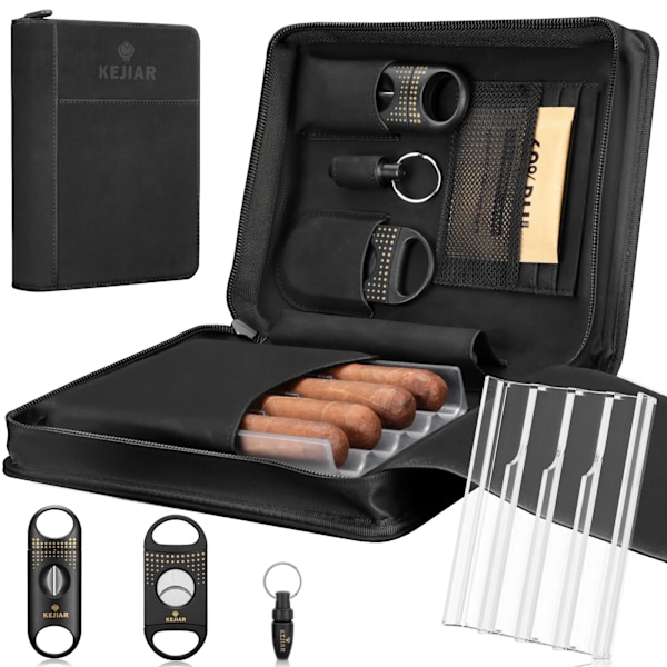Bärbar cigarr humidor fodral med V kutter,Sraight cigarr stans, luftfuktare paket