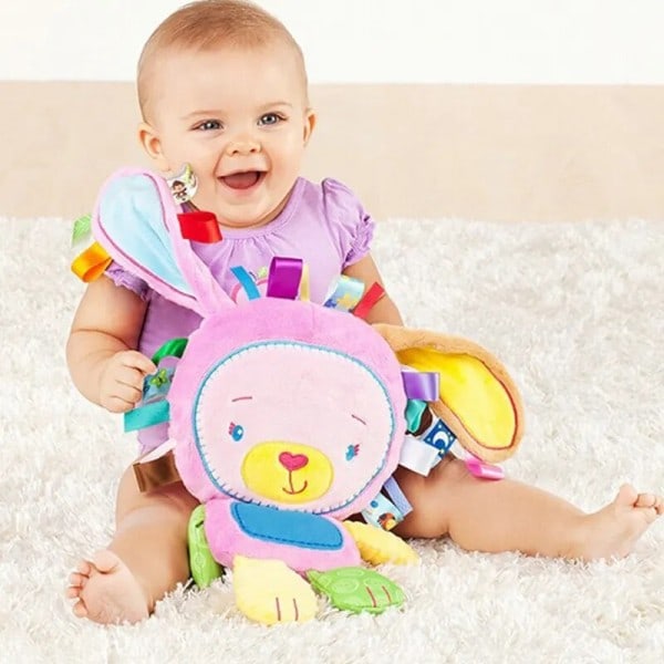 Baby etiketter uppstoppade djur mjuka leksak lovey elefant plysch klocka leksak inbyggda skaller sensoriska leksak