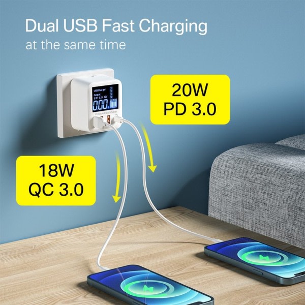40W USB Vegg lader 4 Port Med LED skjerm