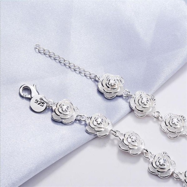 Berlock 925 Sterling Silver Ros Blomma Kedja Armband För Kvinnor Mode Pretty Fest bröllop tillbehör