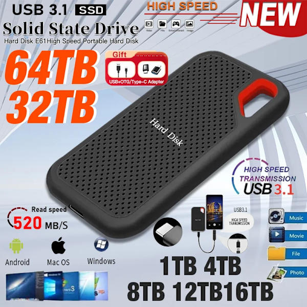 Bärbar SSD Solid State Hård Disk USB 3.1 Typ-C Gränssnitt Lagring Enhet