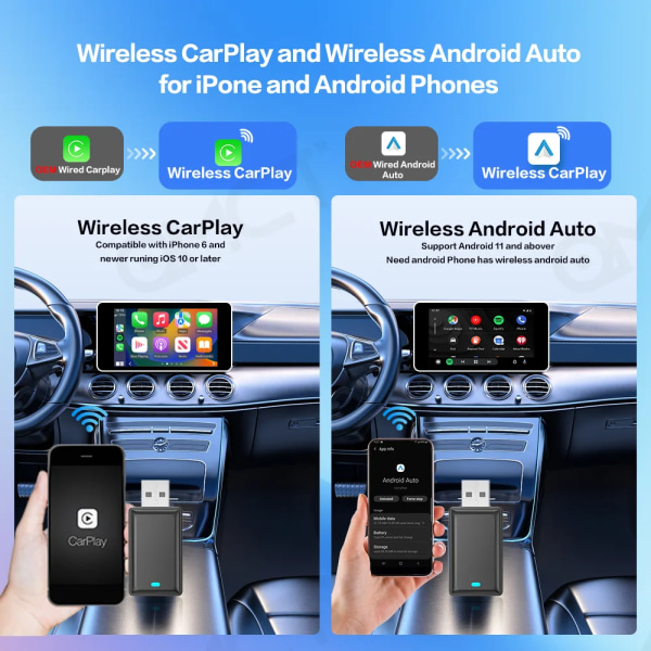 Wireless Carplay Android Auto Wireless Adapter Smart Dongle 2in 1 2.4G & 5.8Ghz WiFi BT Auto Connect Plug&Play For Wired AA  CP