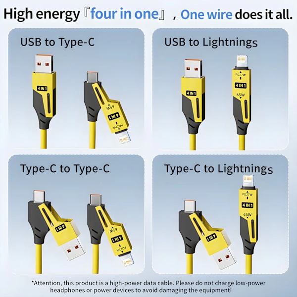 4 in 1 65W Fjäder Kort Data kabel 6A USB Typ C  Fjäder USB kabel för iphone