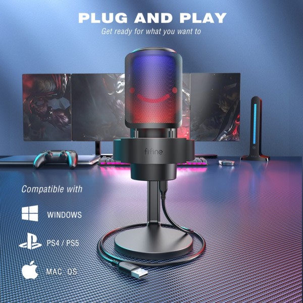 USB mikrofon for opptak og strømming på PC og Mac,Headphone utgang og touch-mute knapp,Mic med 3 RGB modi