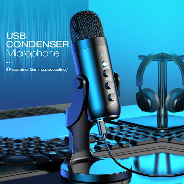 USB mikrofon för PC Mac spel inspelning streaming poddsändning, dator kondensator mikrofon med telefon adapter hörlurar utgång