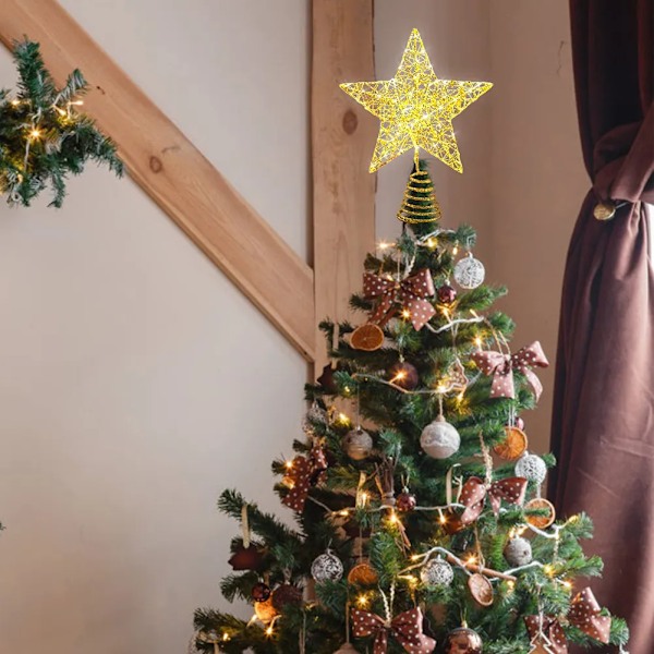 Järn Glitter Pulver Jul Tree Topper Star med LED koppar tråd ljus