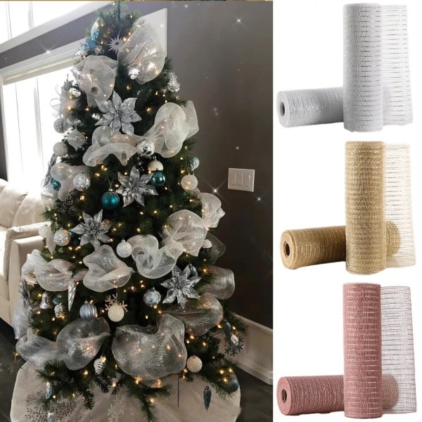 Guld Vit nät band gör-det-själv jul träd glitter nät rulle dekorationer bröllop jul dekor