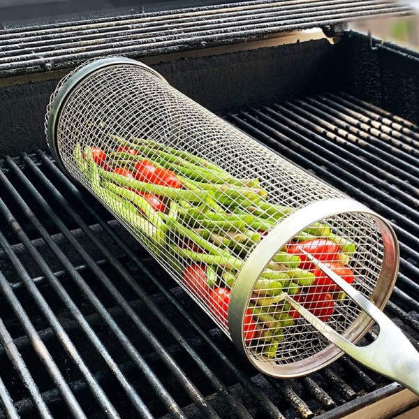 Rullande Grillning BBQ Korg Rostfritt Stål Läcksäker Mesh Grill ställ