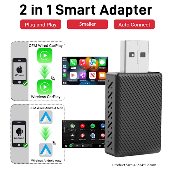 Kablet til Wireless CarPlay 2 in1 Mini Adapter Android Auto Smart Box Plug and Play