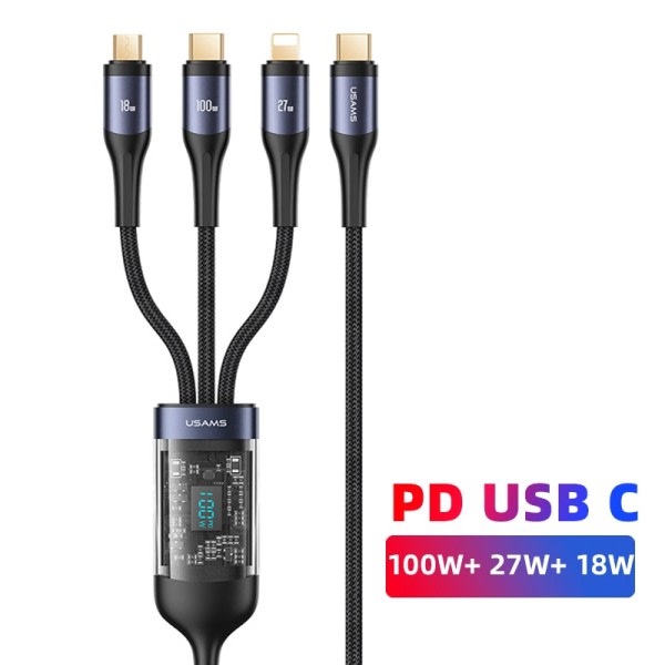 USAMS U83 66W 3 In 1 Digital Display Cable PD QC Rask Lading USB Type C kabel For iPhone 14 13 12 Pro Max Huawei  Xiaomi Samsung