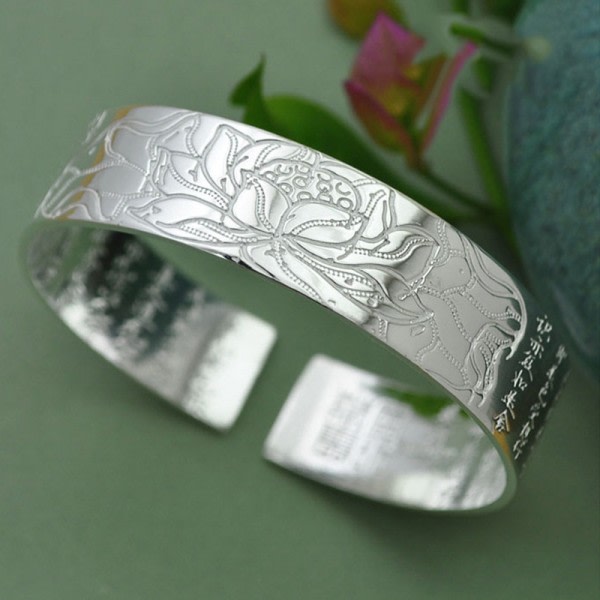 Sølv farve  vintage elegant lotus blomst manchet armbånd thailand sølv religiøse smykker til kvinder