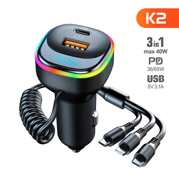 USB Bil Laddare Snabb laddning QC4.0 QC3.0 FCP AFC Typ C Bil USB Snabb Laddning 3 i 1 Snabb Laddning Kabel